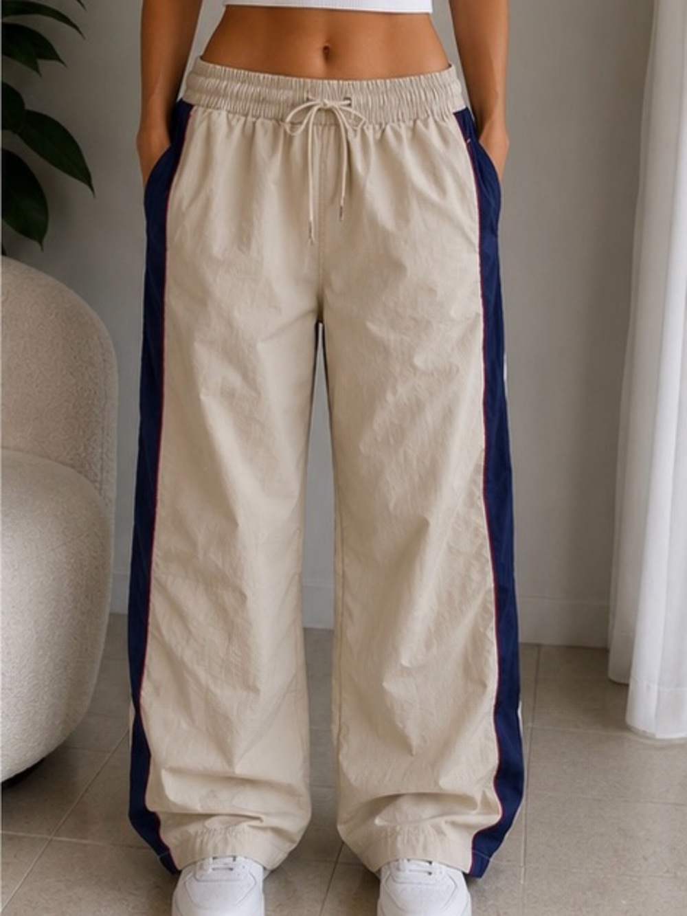 Cream Windbreaker Track Pants Side Stripe Baggy Joggers